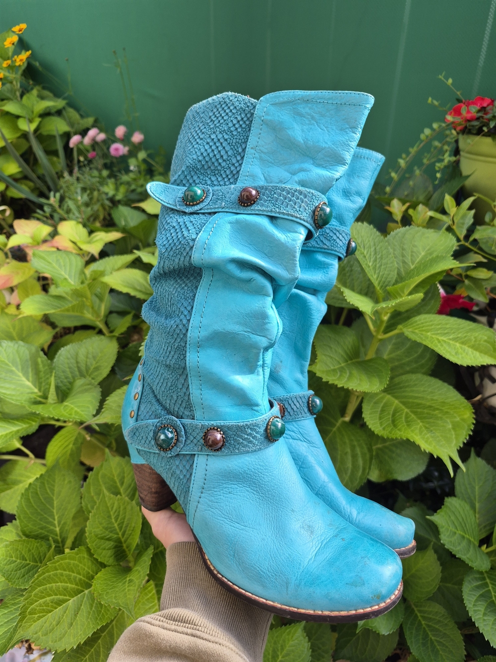 Vintage Turquoise Leather Slouch Boots with Studded Straps